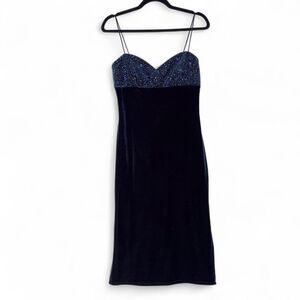 y2K Midnight Blue Velvet Spaghetti Strap Midi Dress with Beaded Bust size 8